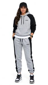 ONETEN APPAREL Survêtement à capuche gris et noir pour femme, manches longues, décontracté, couleur unie, avec cordon de serrage et poches, idéal pour l'automne - Product Image 1