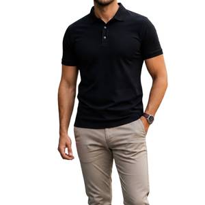 Polo en piqué bleu à manches courtes pour homme, couleur unie, décontracté, tricoté, coupe classique, boutons - Product Image 3