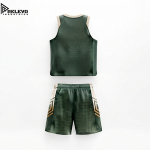 Ensemble de maillots de basket-ball personnalisés par sublimation OEM, uniforme sportif technique vert forêt avec short à panneaux géométriques - Product Image 2