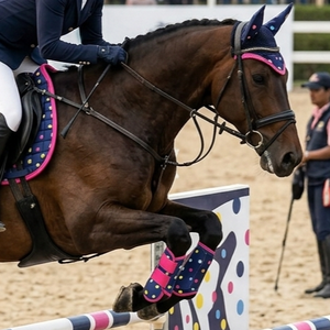 Ensemble de dressage premium en tissu à pois imprimé pour selle de cheval avec voile anti-mouches et protège-tibias, couleur personnalisable, équipement équestre - Product Image 4