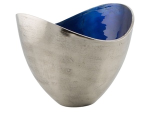 Bol à mélanger à salade en métal argenté Antique, décoratif de style Concave, vintage avec intérieur bleu, décor intérieur de luxe, bols de fruits de cuisine moderne - Product Image 1