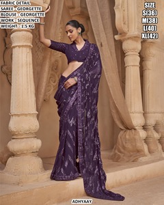 Adhyaay Blue Georgette Saree With Sequin Work <b>Blouse</b> Wedding Party Wear Women Indian <b>Sari</b> Regular Fit Floor Length - Product Image 4