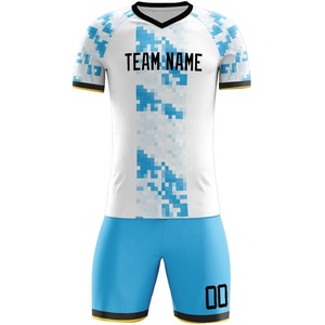 Uniforme de Fútbol Personalizado Blanco y Azul con Estampado Geométrico, Cuello en V, Manga Corta, 100% Poliéster, Absorbe la Humedad, Unisex, para Adultos - Product Image 5