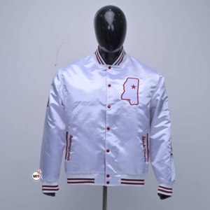 White Varsity <b>Jacket</b> Men's Embroidered State Design Regular Fit Casual Style Turn-down Collar Polyester Material Breathable - Product Image 1