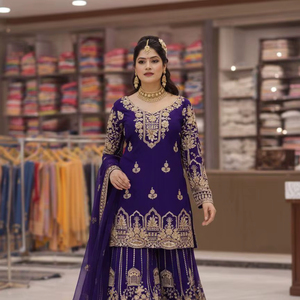 Salwar Dupatta Morado Real Bordado, Traje de Fiesta Nupcial para Mujer, Tela Faux Georgette Étnica Premium de Secado Rápido para Verano - Product Image 1