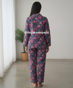 Conjunto de pijama de algodón con estampado de flores rosas Sanganeri, ropa de dormir suave de secado rápido, ropa de dormir india de algodón, conjunto de loungewear para mujer - Product Image 2