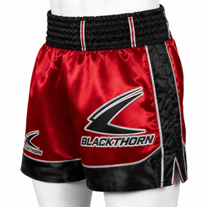 Shorts de Muay Thai MMA pour hommes, rouge et noir, en satin brodé, séchage rapide, sportifs, taille haute, fermeture élastique - Product Image 1