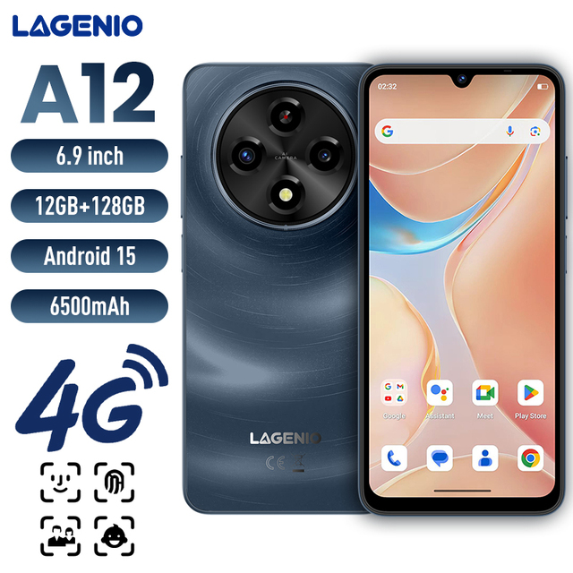 LAGENIO A12 Smartphone 4GB+128GB 6500mAh 13MP Main Camera Android 15.0 Face and fingerprint unlock Enhanced energy saving