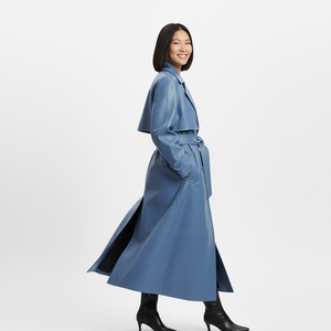Women's Blue Real Leather <b>Thick</b> Trench <b>Coat</b> Long Length Notched Collar Belted Windproof Minimalist Style <b>Winter</b> Outerwear - Product Image 3