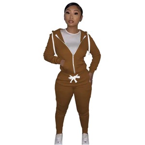 Conjunto Deportivo con Capucha para Mujer, Color Sólido, Manga Larga, Cierre Frontal, Ropa Casual de Otoño, Material Transpirable de Poliéster - Product Image 1