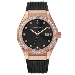 อเล็กซานเดอร์ เฟอร์รอส 2251R-01 นาฬิกาข้อมือสตรีระบบควอตซ์สแตนเลสสตีลนาฬิกาหน้าปัดคริสตัลแซฟไฟร์สายยางกันน้ำ 50 ม. - Product Image 1