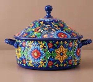Casserole Gulf Trend, pot à fondue, motif floral arabo-royal bleu et jaune, pour garder les aliments au chaud, pot chauffe-plats pour la décoration du Ramadan et les cadeaux de l'Aïd - Product Image 1