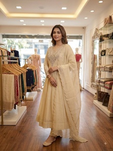 <b>Women</b> Traditional Indian Pakistani Ankle-Length Wedding Dress Loose Fit Stretchable Beige Embroidered <b>Kurta</b> Set - Product Image 2