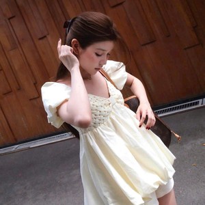 Women <b>Square</b> Neck Puff Sleeve Mini Dress High Waist Smocked Back Cute Casual Dress - Product Image 1