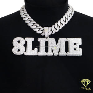 Moissanite Diamond <b>SLIME</b> Iced Out Name Pendant Necklace With Cuban Link Chain Bold Letter Typography Design Statement Jewelry - Product Image 6