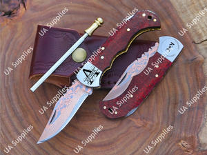 Couteau pliant en acier damas cuivré forgé à la main UA Supplies, manche en micarta rouge, personnalisable, couteau de poche à pointe tombante de 6,5 pouces pour EDC - Product Image 3
