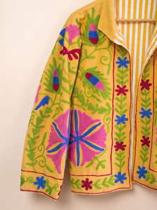 Chaqueta Bomber Suzani Verde Menta Hecha a Mano MONIT MARKETING, Bordada a Mano con Diseño Floral Boho, 100% Algodón, Otoño/Invierno - Product Image 5