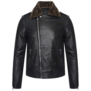 Veste de moto en cuir véritable pour homme, col rabattable, fermeture éclair, style motard hiver, coupe ajustée, doublure Sherpa écologique - Product Image 1