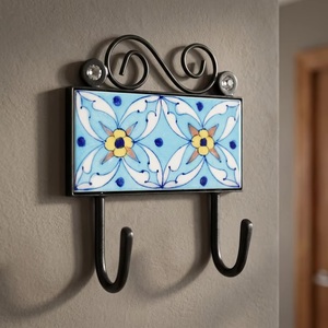 Ceramic Tile <b>Wall</b> Hook <b>Flower</b> Pattern 2 Hooks Vintage Style Handmade Eco-Friendly Waterproof Adjustable Self-adhesive Decorative - Product Image 1