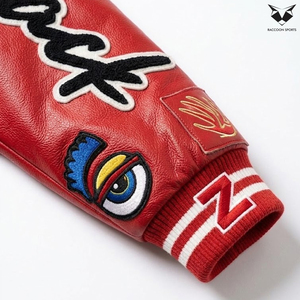 Red Color Casual <b>Long</b> Sleeve Single Button Wool & PU <b>Leather</b> Eco-Friendly Breathable Baseball Varsity <b>Jackets</b> - Product Image 4