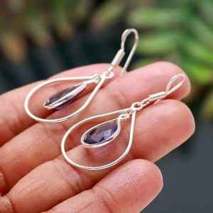 ต่างหูเงินแท้ 925 ทำมือ ประดับพลอยแอเมทิสต์แอฟริกันสีม่วง รูปทรงลูกแพร์ ตัวเรือนแบบ Bezel - Product Image 6