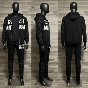Ensemble de survêtement décontracté d'hiver pour homme, respirant, avec strass, en molleton épais, comprenant un sweat à capuche zippé et un pantalon de jogging, noir clouté - Product Image 2