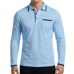 Polo homme manches longues sur mesure de luxe, finition contrastée, tissu piqué, vente en gros, respirant, coupe ajustée, polos business pour hommes - Product Image 4