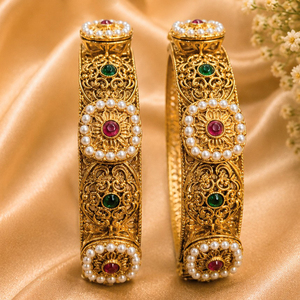 JeweleMarket Elegant Traditional Gold Plated Crystal & Rhinestone Freshwater Pearl Ethnic Wedding <b>Bangles</b> <b>Set</b> for Women - Product Image 1