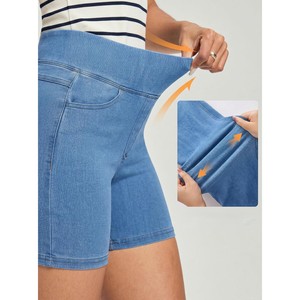 Shorts de Mezclilla de Cintura Alta para Mujer, Color Azul Sólido, Casuales, Transpirables, con Bolsillos, Corte Recto, Precio de Fábrica, OEM, ODM - Product Image 3