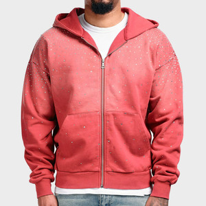 Custom Logo Men's Vintage Flooded Rhinestones Zip Hoodie Cotton Blended Breathable Streetwear Acid Wash Hoodie For Men - Product Image 5