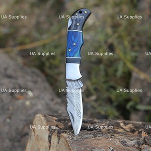 Excellent Quality UA Supplies Industrial Grade Damascus Steel Folding <b>Knife</b> Clip Point Blade Leather Sheath OEM Available 1 Year - Product Image 2