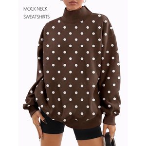 Sudadera de punto para mujer, marrón con lunares, cuello simulado, manga larga, hombros caídos, estilo casual para otoño - Product Image 2