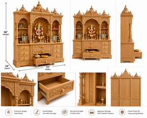 Royal Hand-Carved Teak Wood Home <b>Mandir</b> Design Big Size Floor Standing Hindu Home Temple Cabinet with Storage Drawers Puja Unit - Product Image 4