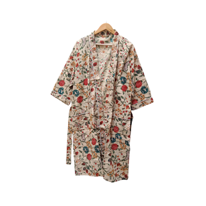 Robe kimono en coton artisanal à fleurs pour femme, peignoir à manches longues, vêtement de détente, peignoir de bain avec ceinture et poches - Product Image 1
