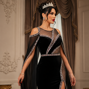 Vestido de Noche de Terciopelo Negro de Lujo con Capa Transparente con Cuentas, Vestido de Fiesta Formal con Adornos de Cristal para Mujer - Product Image 3