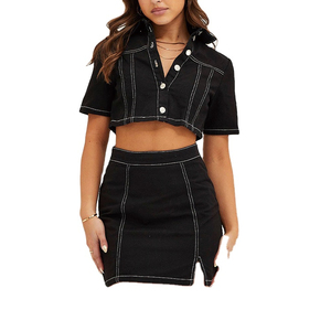 Ensemble 2 pièces pour femmes, haut court sans manches à boutons et mini-jupe en jean, spandex/polyester, écologique, séchage rapide, respirant - Product Image 5