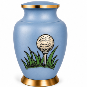 Magnifique urne funéraire bleu ciel avec un design de balle de golf et d'herbe gravé en profondeur de qualité supérieure et des élégants accents dorés - Product Image 6