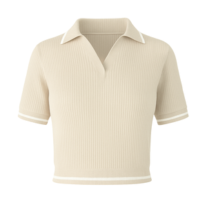 Polo côtelé à manches courtes pour femme avec bordure contrastante, style minimaliste, tenue décontractée, fabrication en marque blanche - Product Image 1