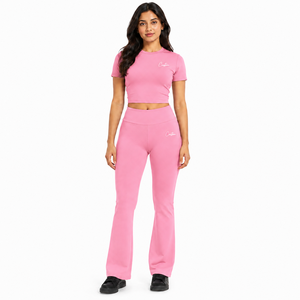 Women Pink Fitness Outfit Short Sleeve Athletic Top <b>Flared</b> <b>Leggings</b> High Waist Yoga Wear Custom Logo <b>Gym</b> Apparel Bulk Supplier - Product Image 1