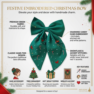 Green Fabric Hair <b>Bow</b> <b>Clip</b> for Girls Christmas Embroidered Ribbon <b>Bow</b> Hair Accessory Kids Party Wear Festive Hair <b>Clip</b> Style - Product Image 6