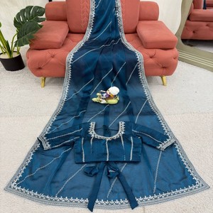 VASTRA COTTAGE Sari de Seda Bordado con Hilo y Lentejuelas y Blusa sin Coser, Colección Elegante para Bodas y Fiestas - Product Image 6