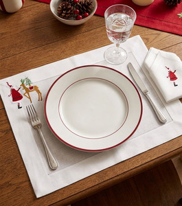 Custom Wholesale Vintage Embroidered Santa Claus Reindeer Christmas Placemat Napkin Set White Cotton Washable Mats Home Holidays - Product Image 1