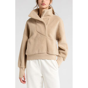 Sudadera con capucha de forro polar beige de cuello alto para mujer, manga larga, corte regular, para invierno - Product Image 2