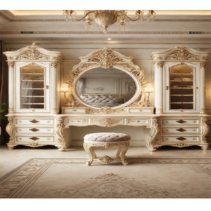 Classic French Style Vanity with <b>Side</b> Cabinets <b>Set</b> Luxury Cream &Gold Wooden Dressing <b>Table</b> Best Selling Rococo Style Dresser UK - Product Image 1