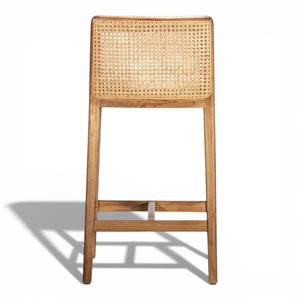 เก้าอี้บาร์ไม้สักแท้สไตล์โมเดิร์นกลางศตวรรษ พร้อมพนักพิงหวายธรรมชาติและเบาะหนังเทียม สำหรับเคาน์เตอร์ครัวและร้านกาแฟ - Product Image 5