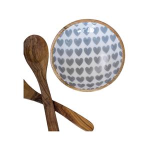 Modern Wooden Salad <b>Bowl</b> with Red Maple Leaf <b>Enamel</b> Interior and Matching Serving Spoon Set - Product Image 2