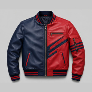 Blouson Bomber en Cuir PU pour Homme, Style Moto Biker, Col Revers, Fermeture Éclair, Rouge Bleu Marine - Product Image 3
