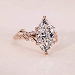 Dutch Marquise Cut Diamond Ring in Rose <b>Gold</b> with Vintage Leaf Design, Engagement Ring, Floral Inspired Fine Jewelry for Women - Product Image 3