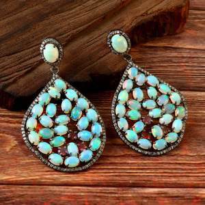 Ethiopian <b>Opal</b> Diamond <b>Earring</b> Pave Diamond <b>Earrings</b> 925 Sterling Silver Handmade Oxidized Dongle Diamond <b>Earring</b> Gift For Her - Product Image 3