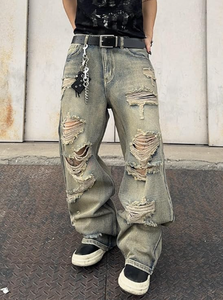 Pantalones Vaqueros Anchos para Hombre, Estilo Desgastado, Corte Holgado, Cintura Alta, Rotos, Estilo Urbano, de Algodón, para Otoño - Product Image 3